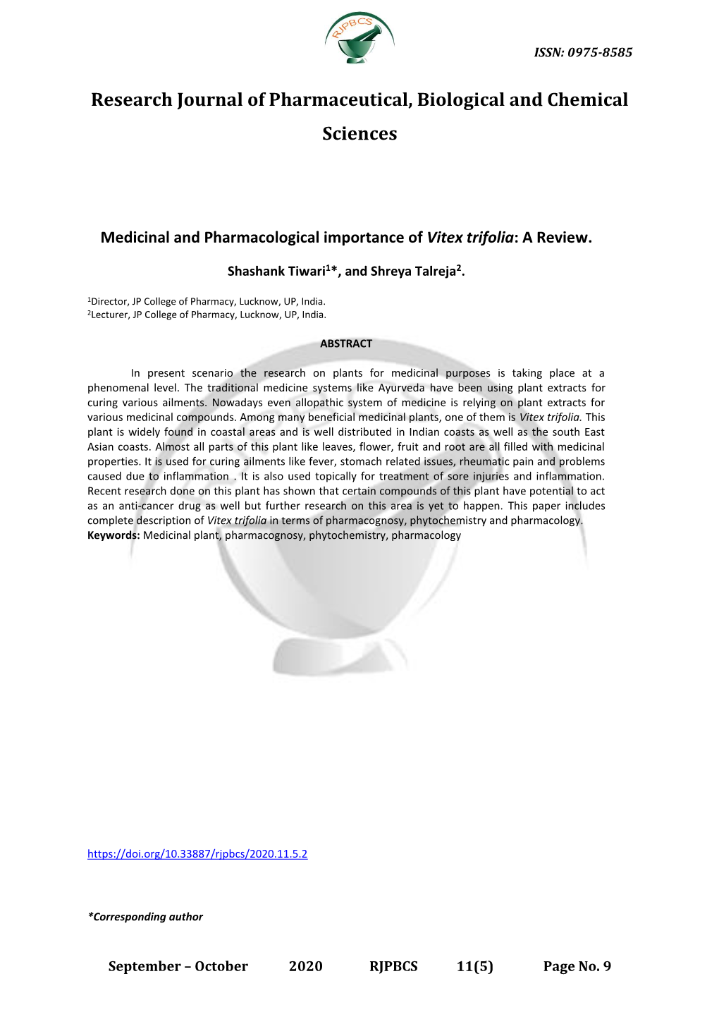 Medicinal and Pharmacological Importance of Vitex Trifolia: a Review