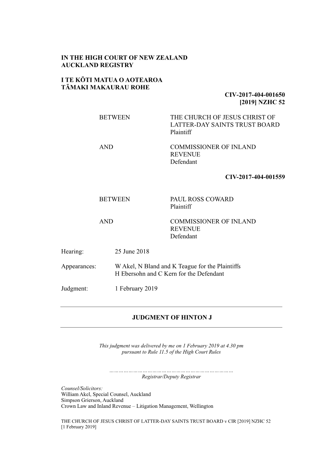 CHURCH of JESUS CHRIST of LATTER-DAY SAINTS TRUST BOARD V CIR [2019] NZHC 52 [1 February 2019]