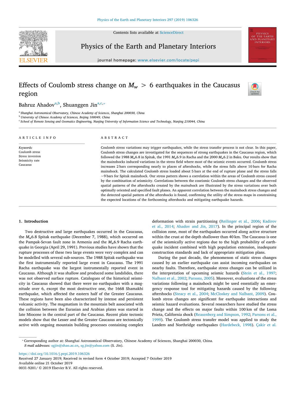 Effects of Coulomb Stress Change on Mw Ampgt; 6 Earthquakes in The