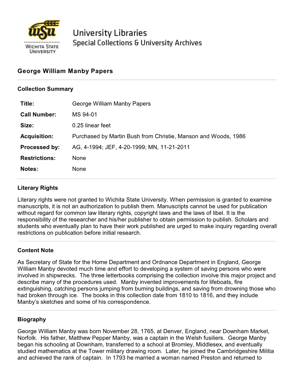 George William Manby Papers