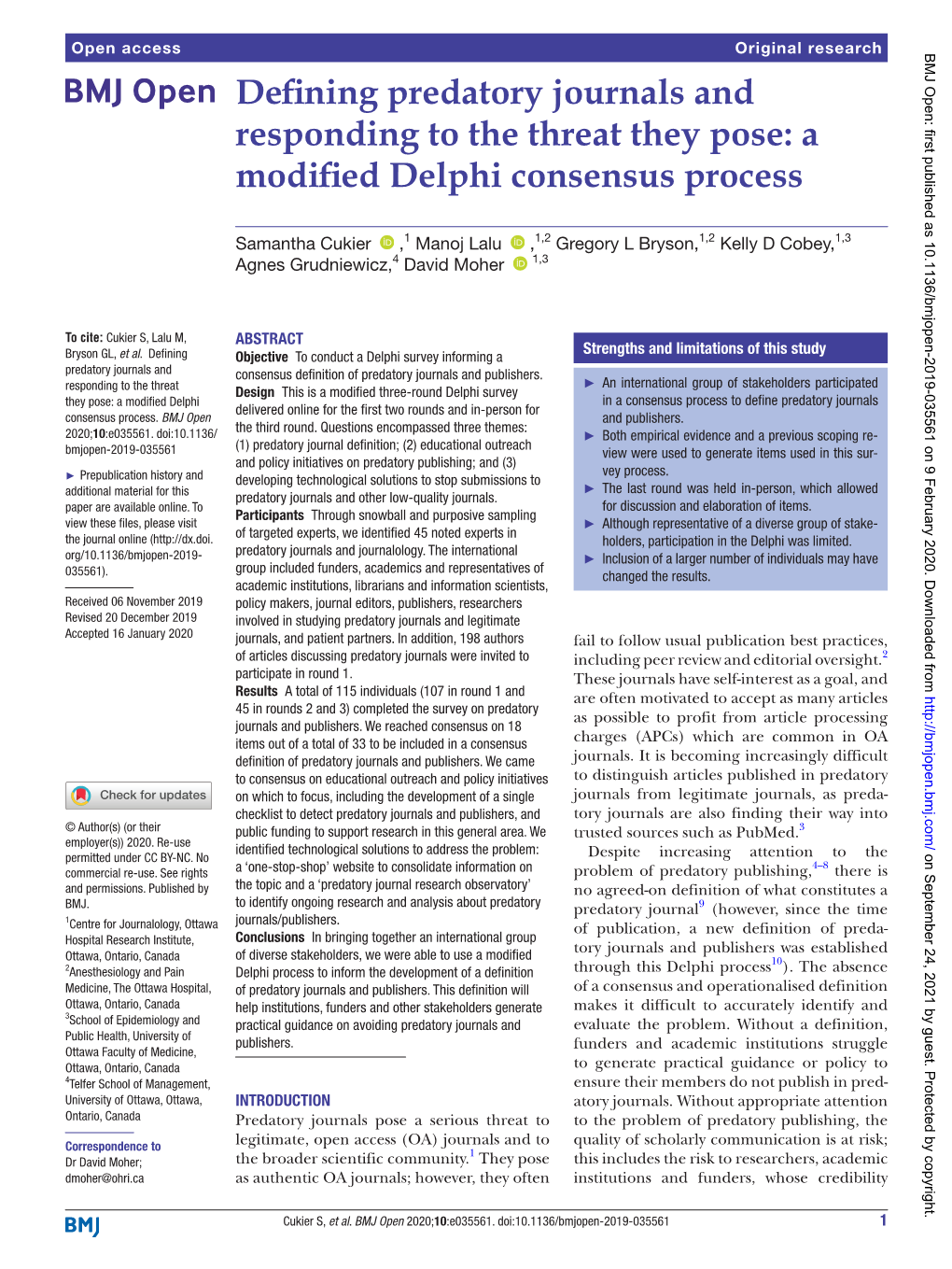 Defining Predatory Journals and Responding to the Threat They Pose: a Modified Delphi Consensus Process