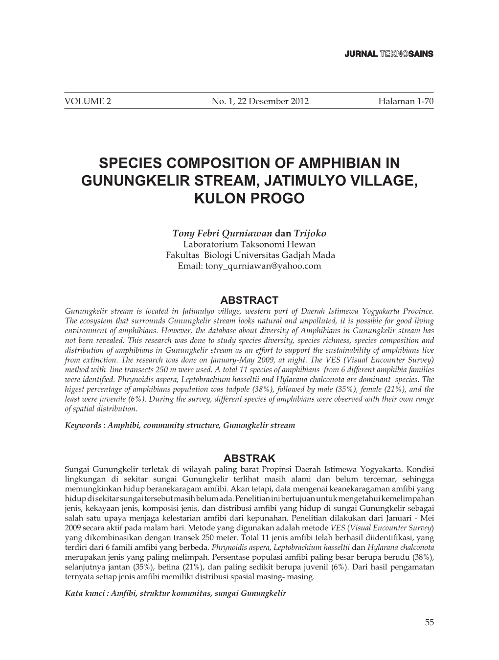 Species Composition of Amphibian in Gunungkelir Stream, Jatimulyo Village, Kulon Progo