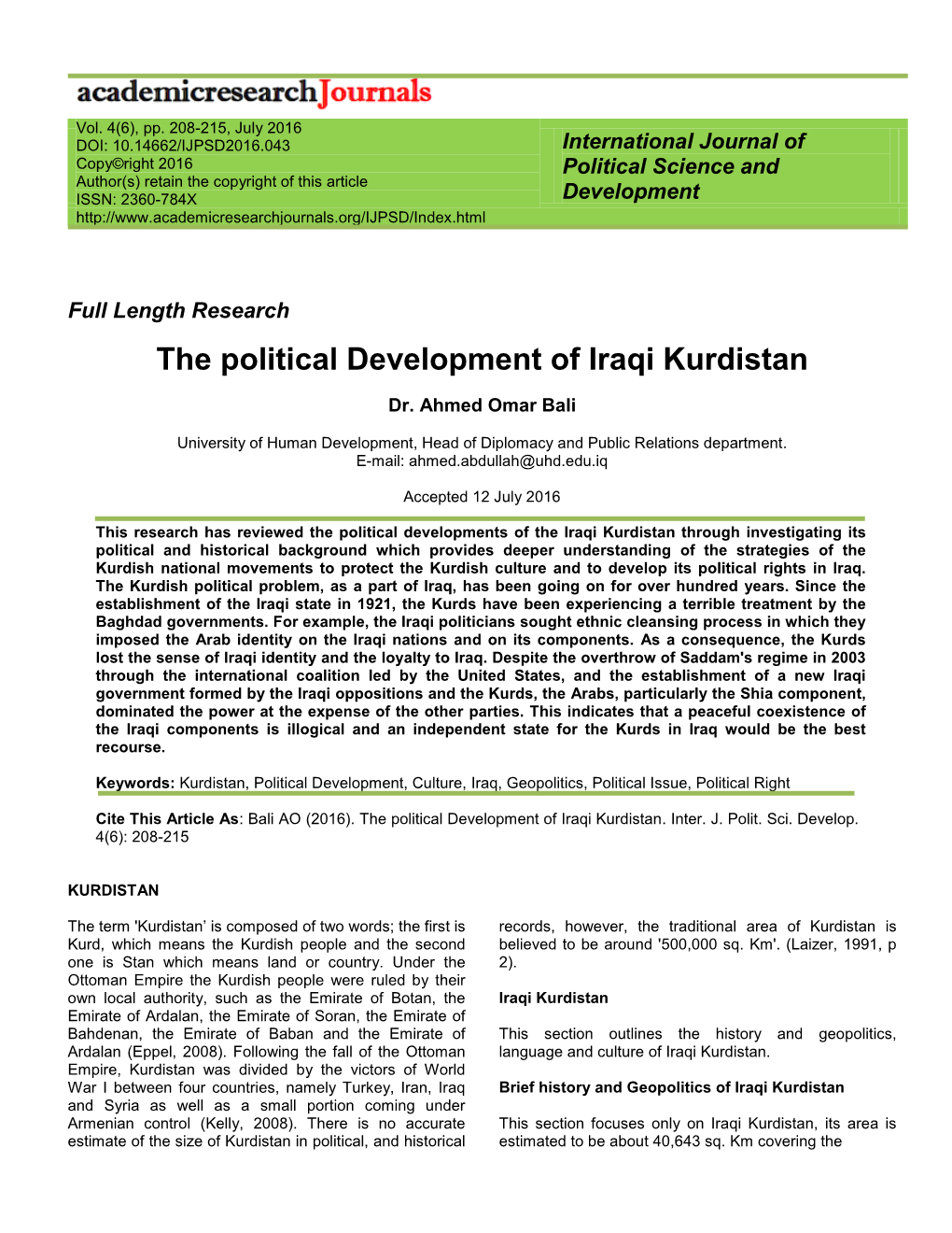 The Political Development of Iraqi Kurdistan