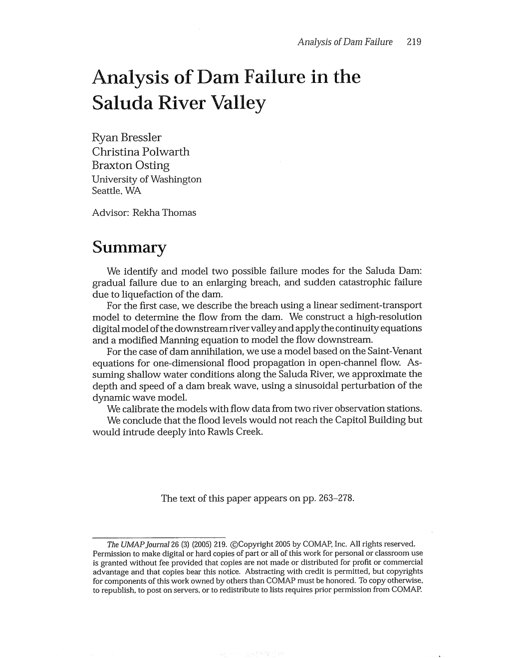 Analysis of Dam Failure in the Saluda River Valley