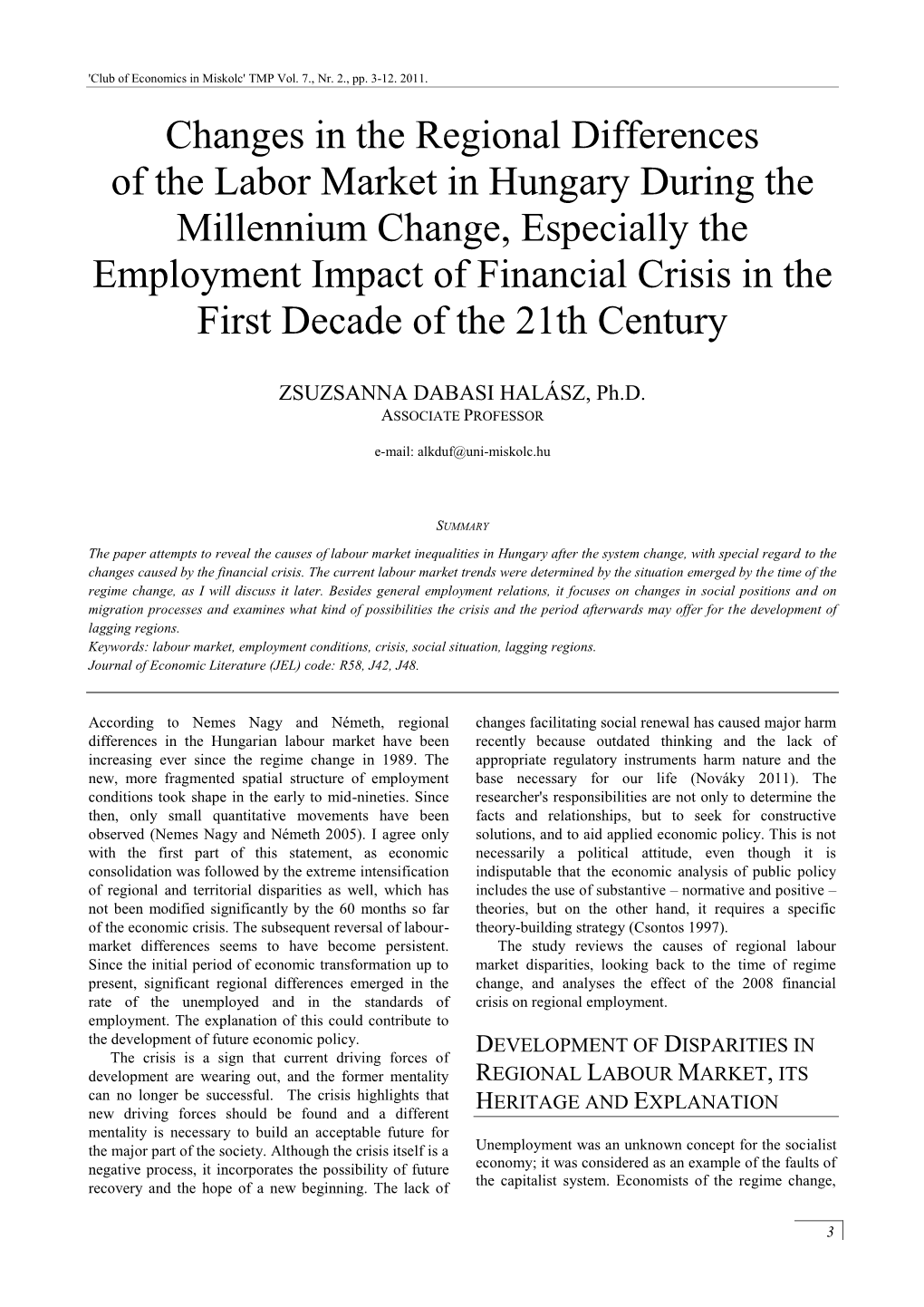 Changes in the Regional Differences of the Labor Market in Hungary