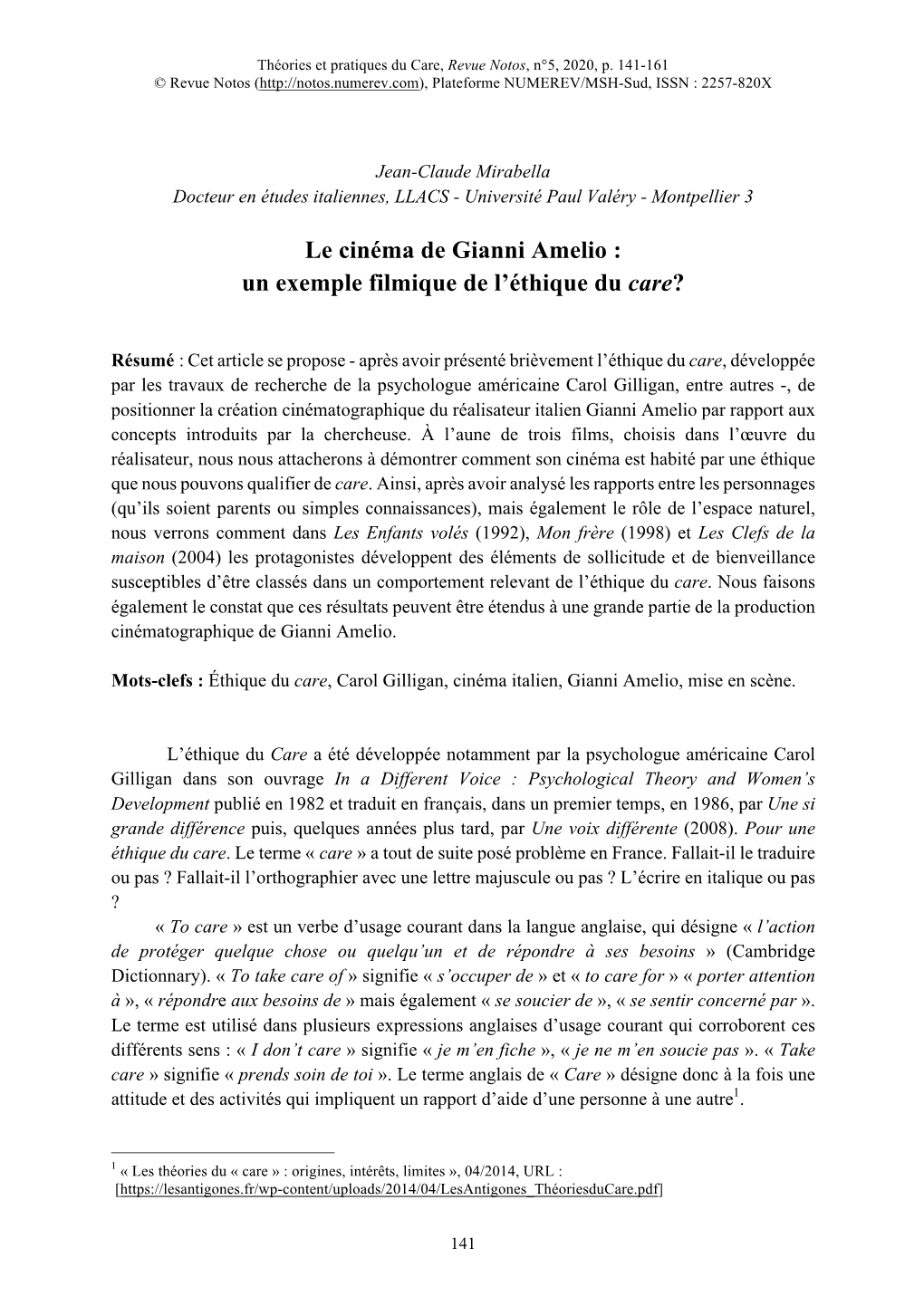 Le Cinéma De Gianni Amelio : Un Exemple Filmique De L’Éthique Du Care?