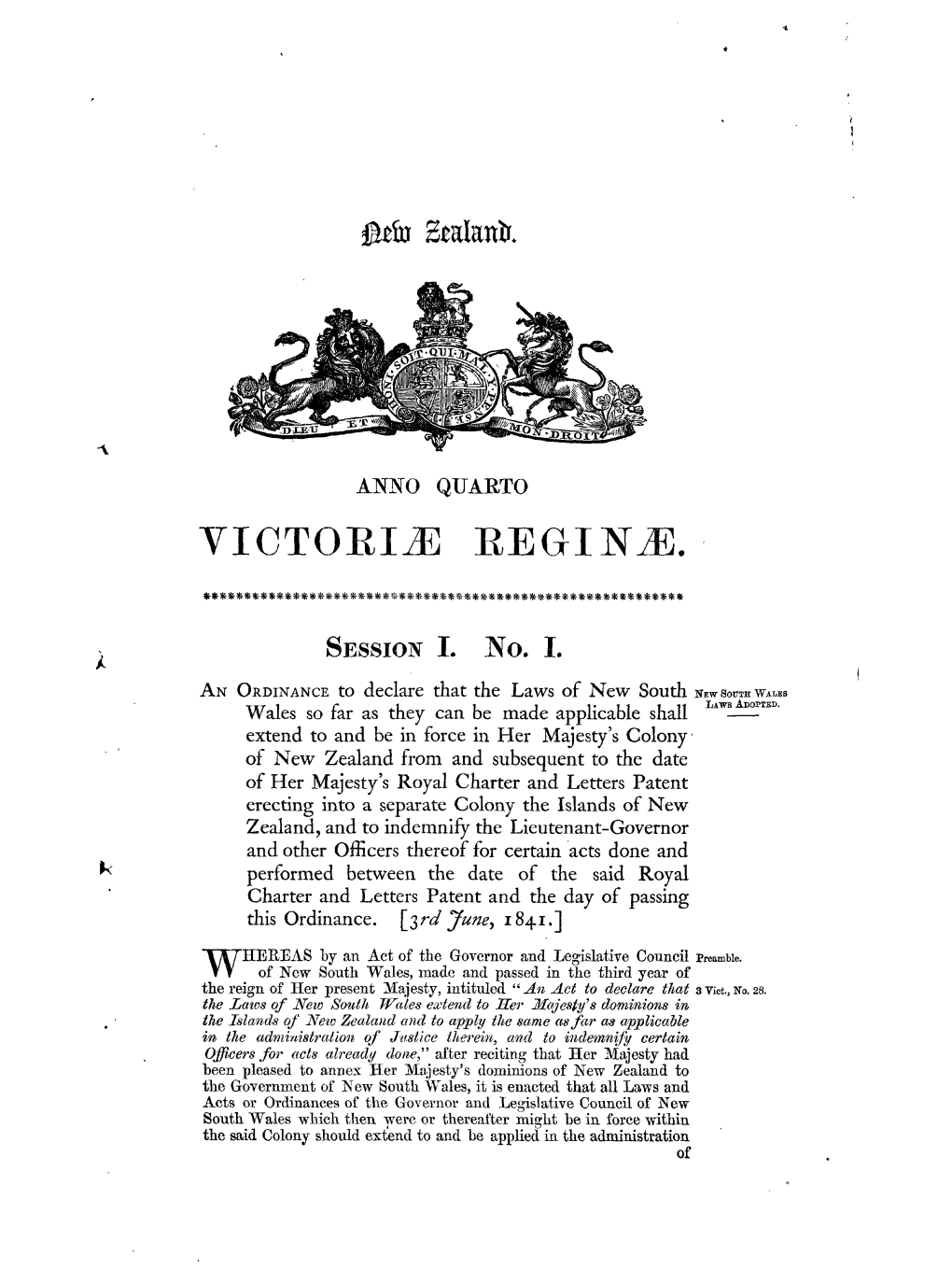 4 Victoriae 1841 No 1 New South Wales Laws Adopted