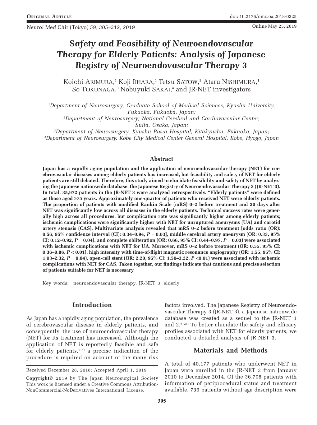 Safety and Feasibility of Neuroendovascular Therapy for Elderly Patients: Analysis of Japanese Registry of Neuroendovascular Therapy 3