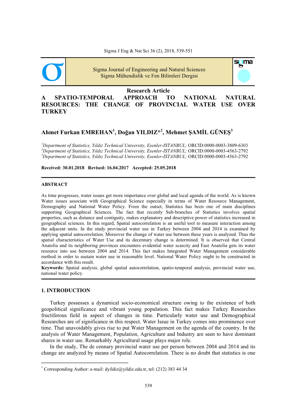 THE CHANGE of PROVINCIAL WATER USE OVER TURKEY Ahmet