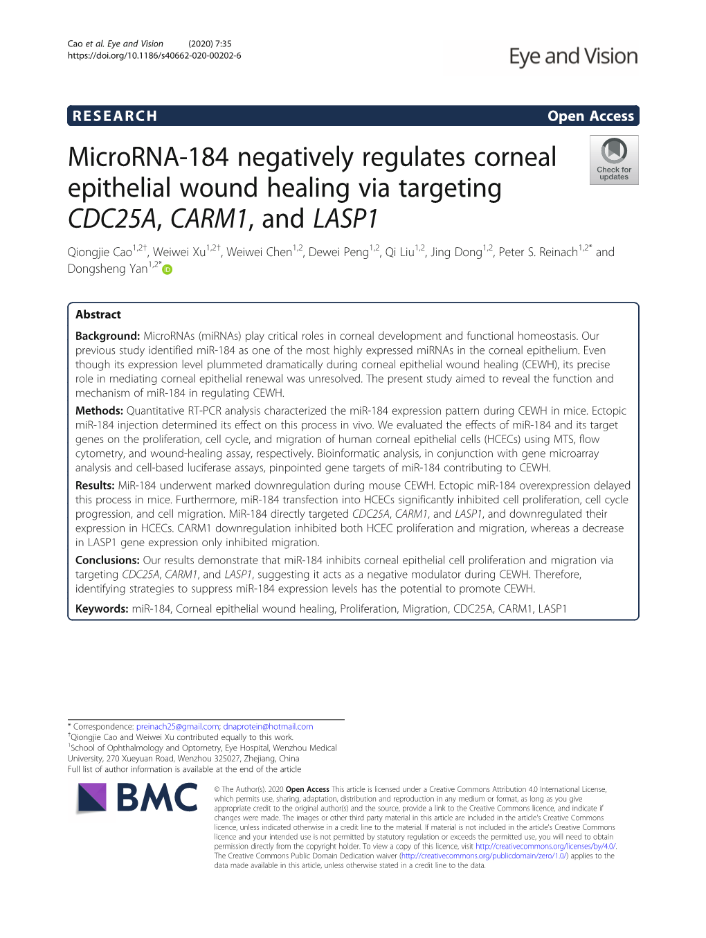 Microrna-184 Negatively Regulates Corneal Epithelial Wound Healing