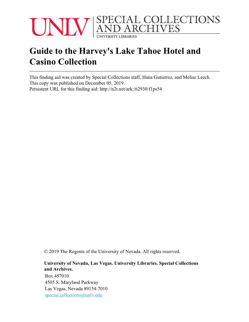 Guide to the Harvey's Lake Tahoe Hotel and Casino Collection