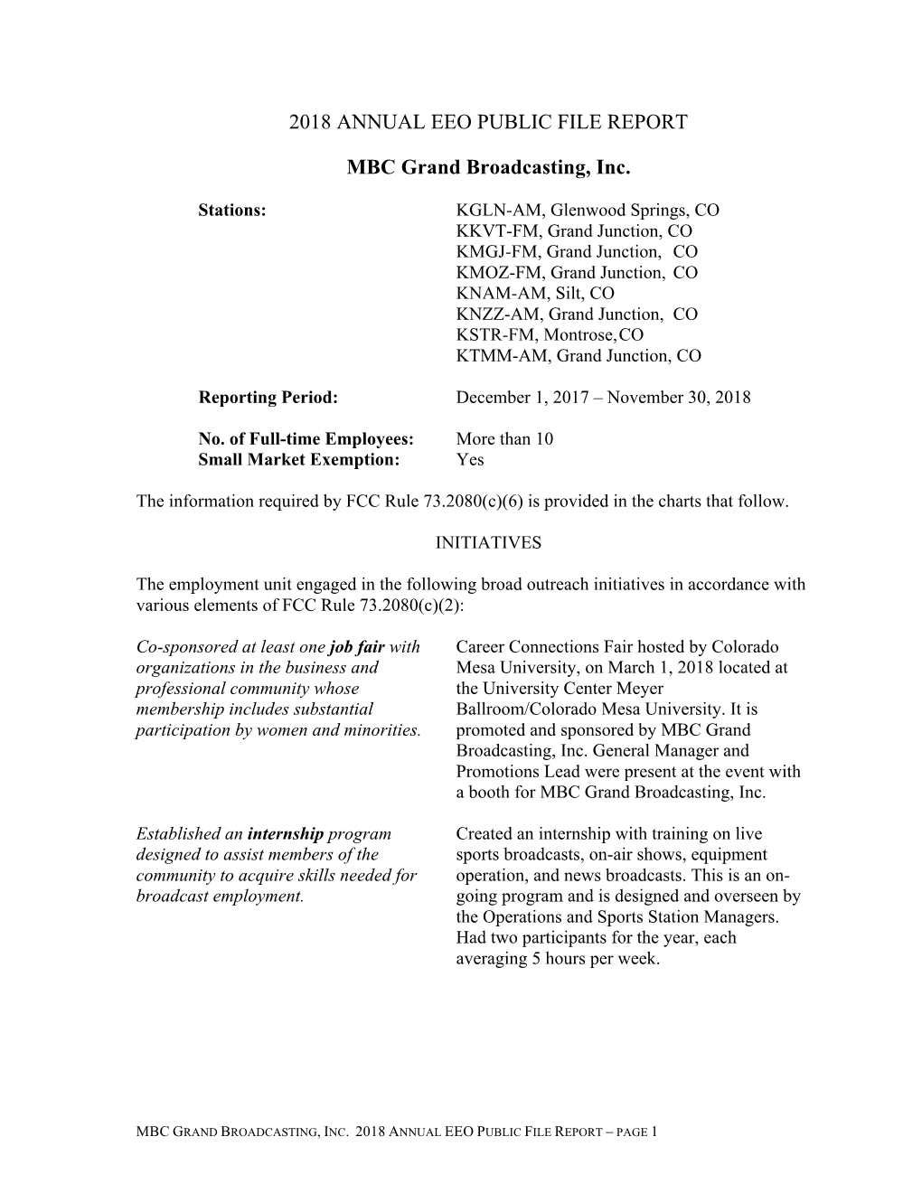 2018 ANNUAL EEO PUBLIC FILE REPORT MBC Grand Broadcasting