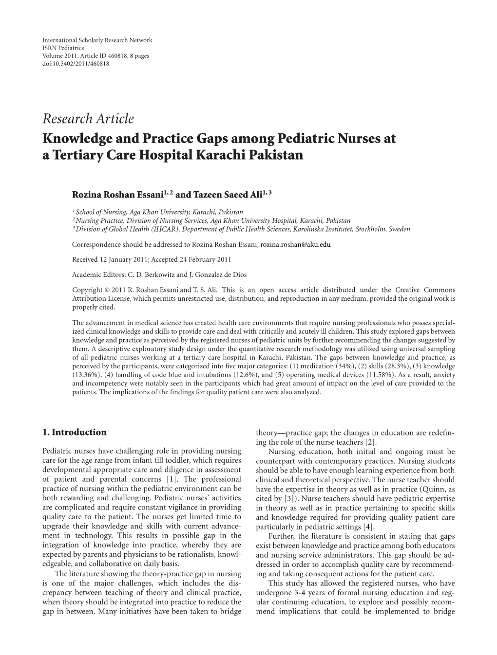 Research Article Knowledge and Practice Gaps Among Pediatric Nurses at a Tertiary Care Hospital Karachi Pakistan