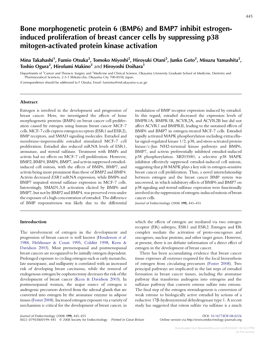 Bone Morphogenetic Protein 6 (BMP6) and BMP7 Inhibit Estrogen