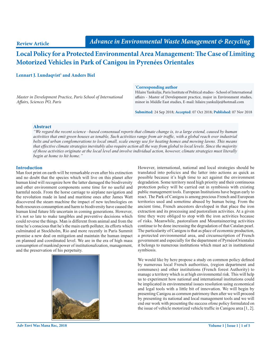 Local Policy for a Protected Environmental Area Management: the Case of Limiting Motorized Vehicles in Park of Canigou in Pyrenées Orientales