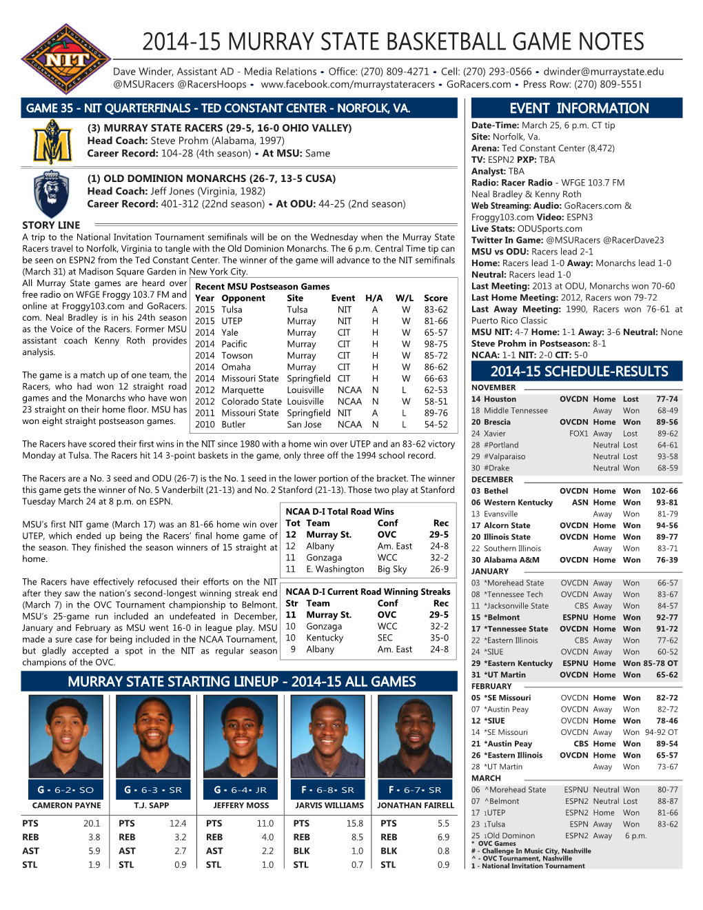 2014-15 Murray State Basketball Game Notes