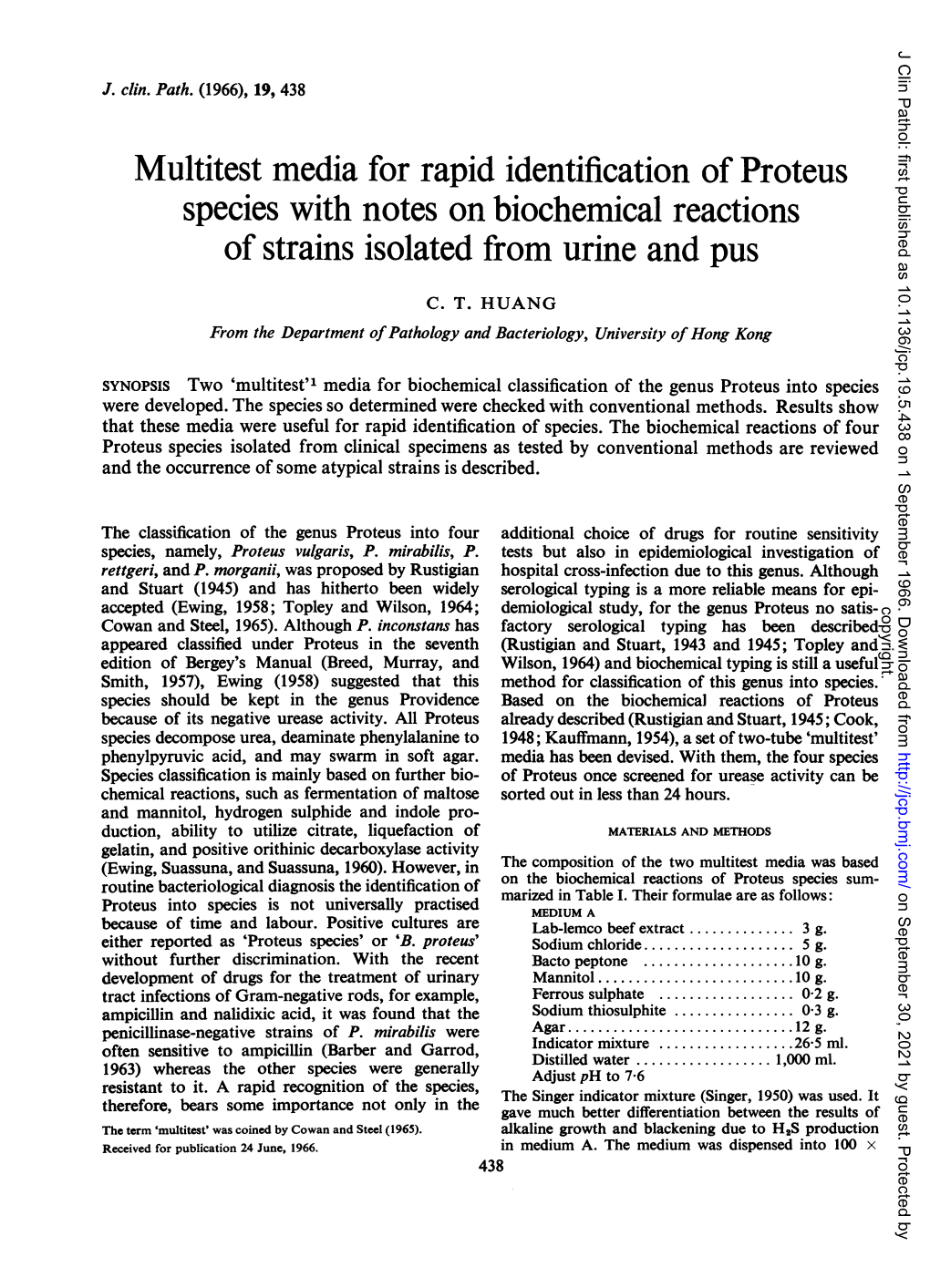 Multitest Media for Rapid Identification of Proteus Species with Notes on Biochemical Reactions of Strains Isolated from Urine and Pus