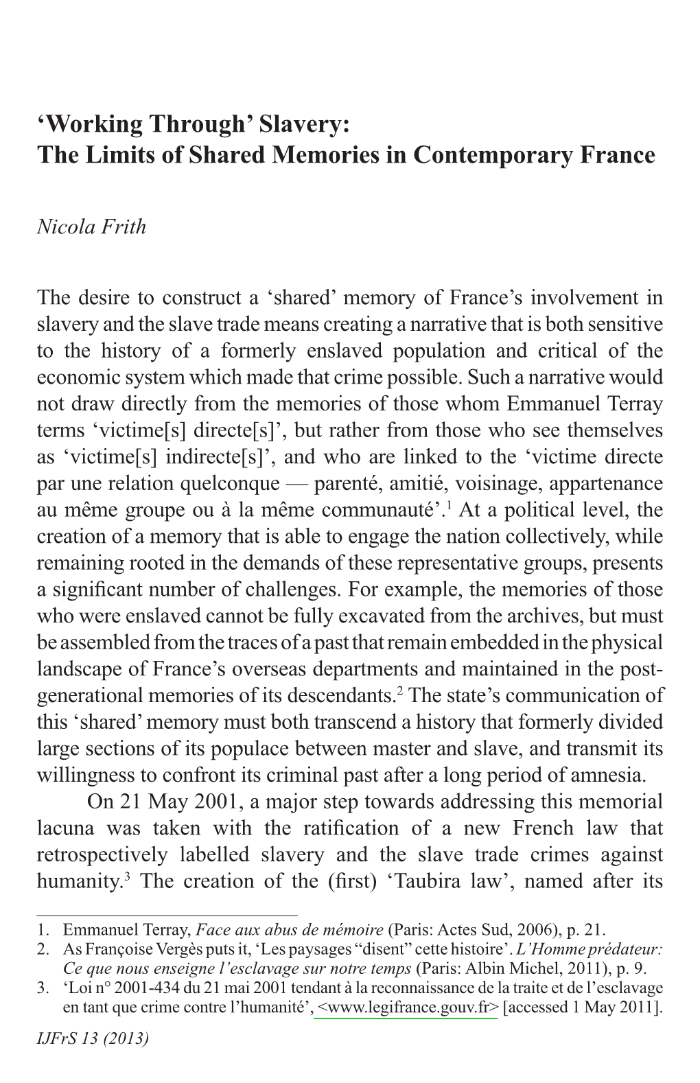 Slavery: the Limits of Shared Memories in Contemporary France