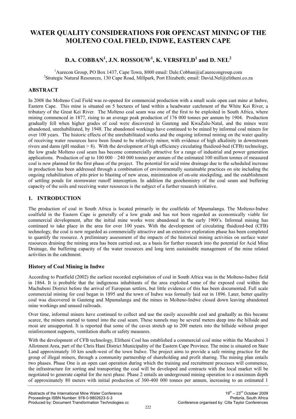 Water Quality Consideration for Opencast Mining of the Molteno