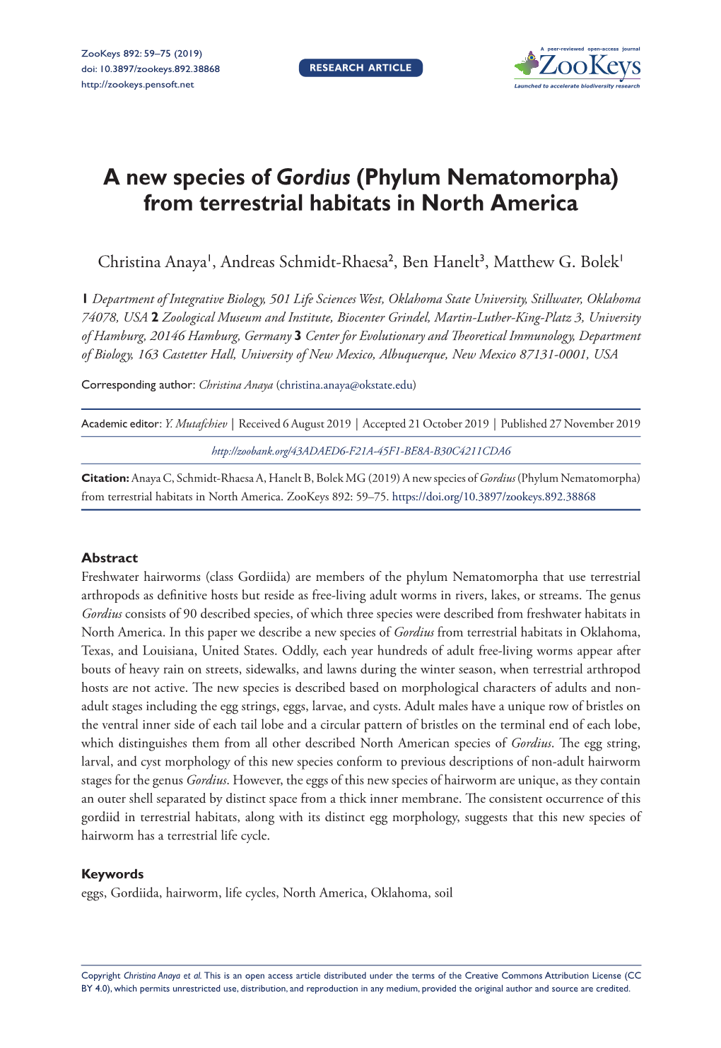 A New Species of Gordius (Phylum Nematomorpha) from Terrestrial Habitats in North America