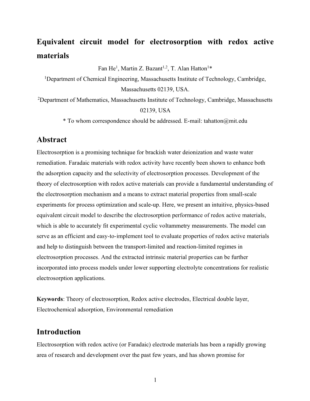 Equivalent Circuit Model for Electrosorption with Redox Active Materials Abstract Introduction