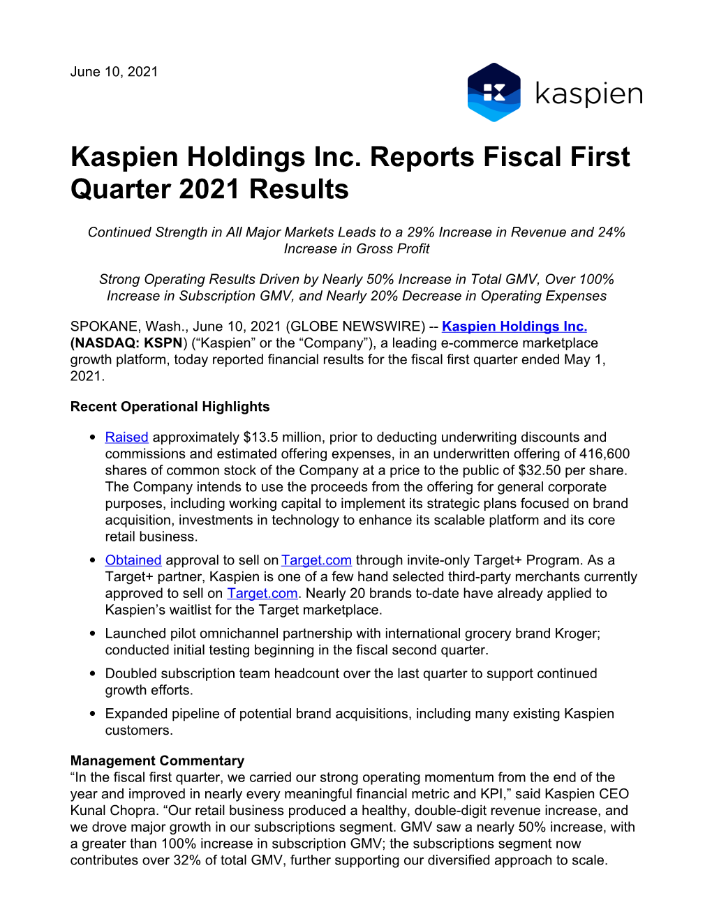 Kaspien Holdings Inc. Reports Fiscal First Quarter 2021 Results