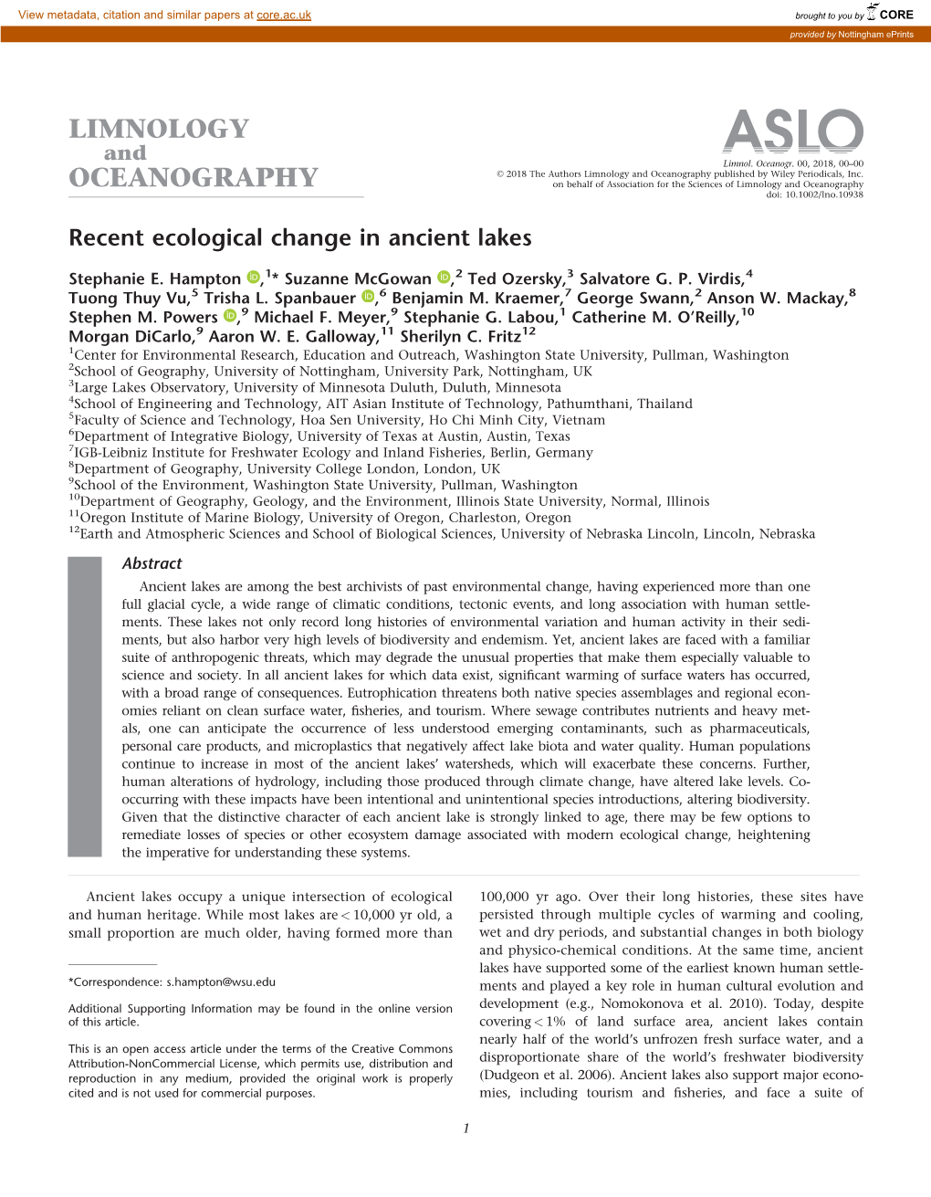 Recent Ecological Change in Ancient Lakes