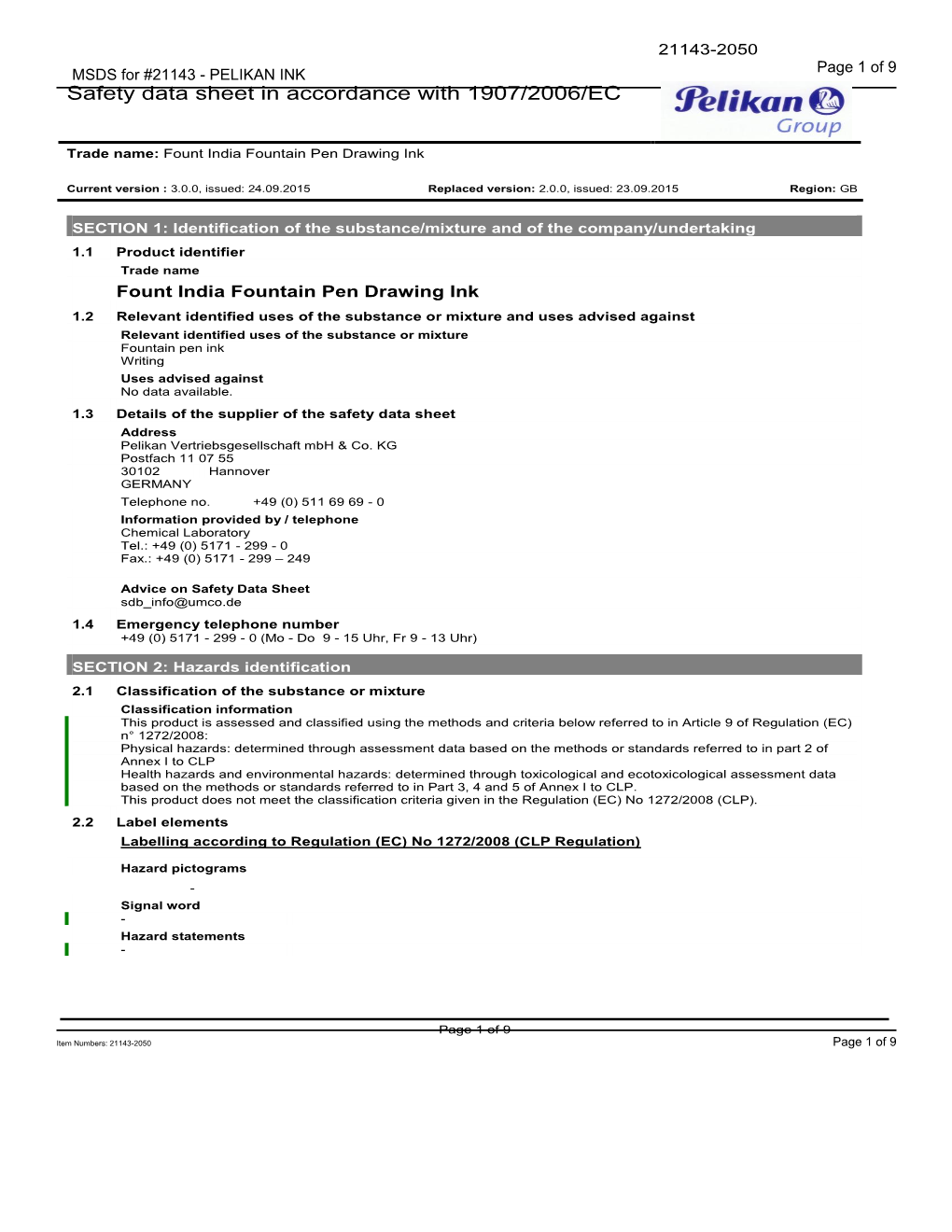 MSDS for #21143 - PELIKAN INK Page 1 of 9