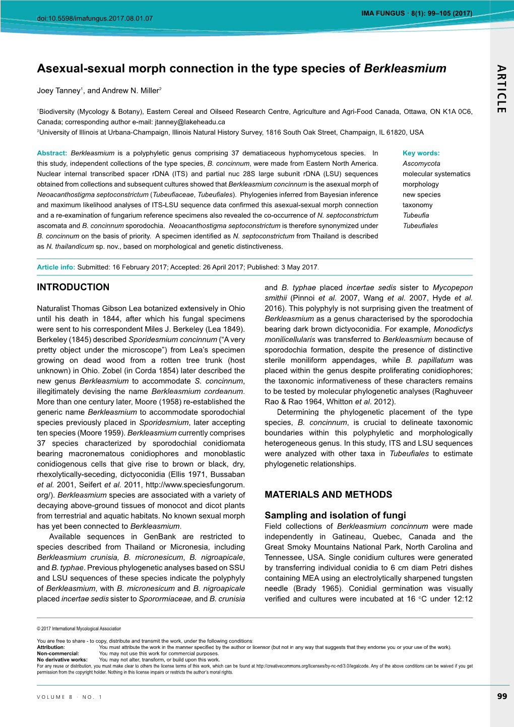 AR TICL E Asexual-Sexual Morph Connection in the Type Species of Berkleasmium