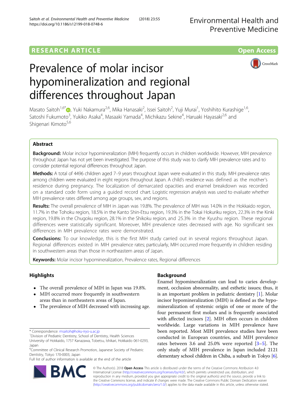 Prevalence of Molar Incisor Hypomineralization and Regional Differences Throughout Japan