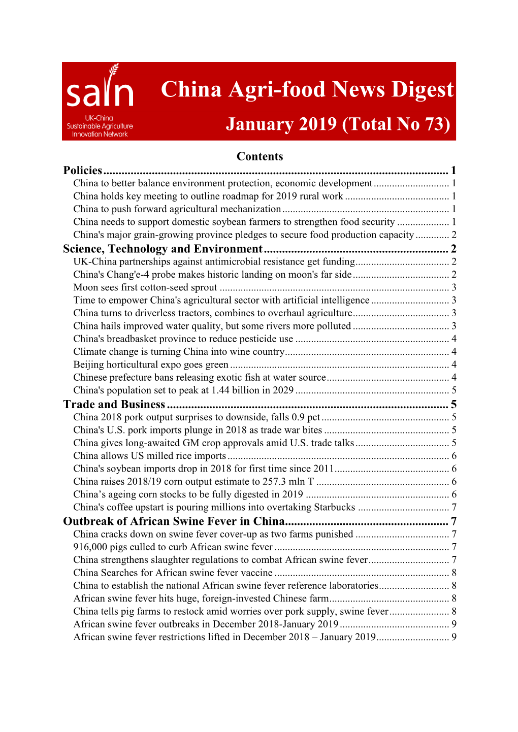 China Agri-Food News Digest Jan 2019