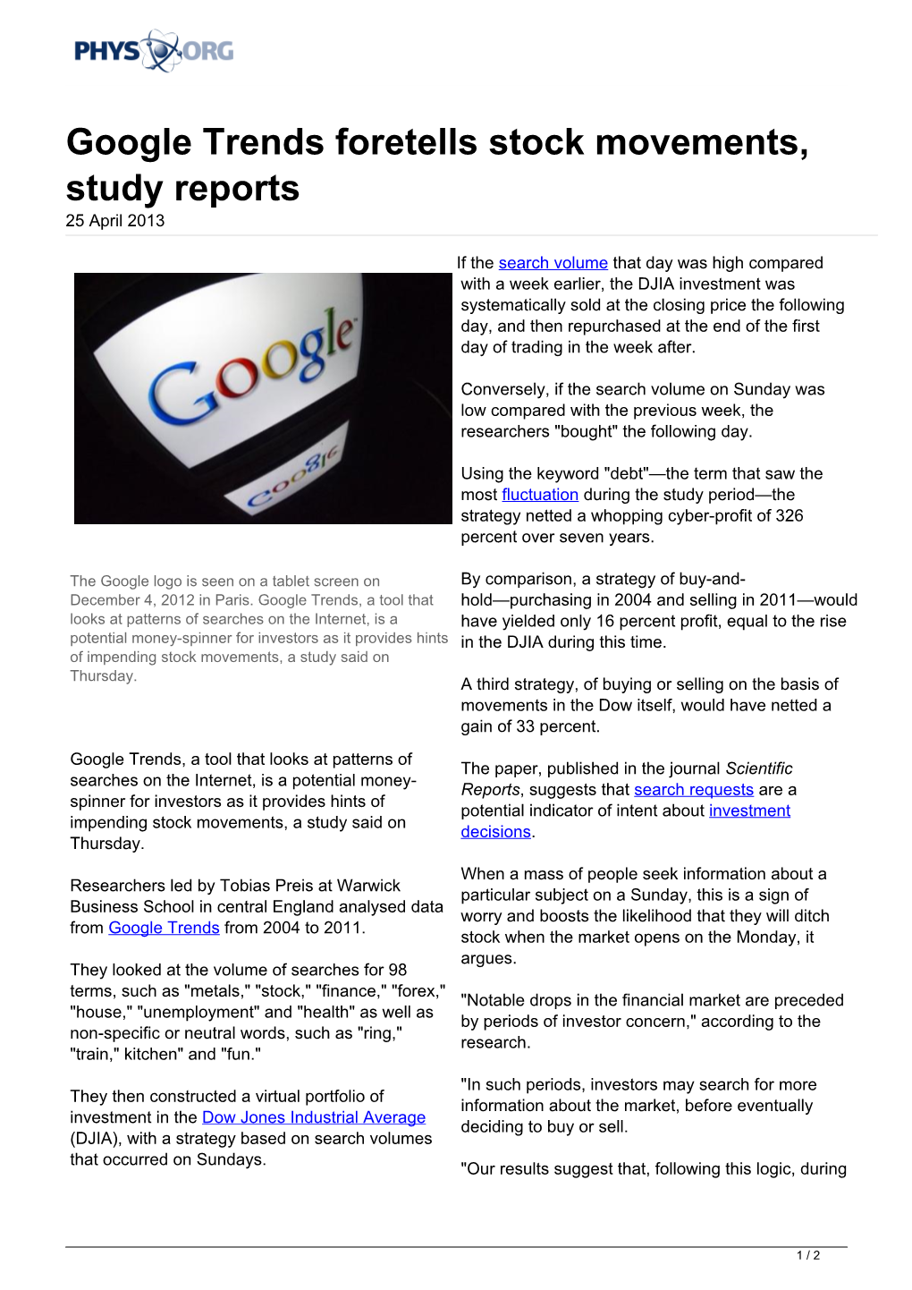 Google Trends Foretells Stock Movements, Study Reports 25 April 2013