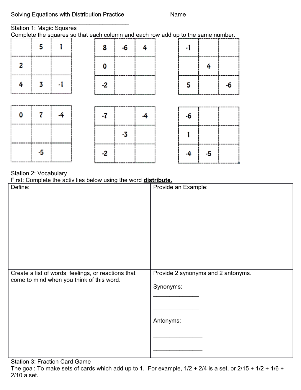 Solving Equations with Distribution Practice Name ______