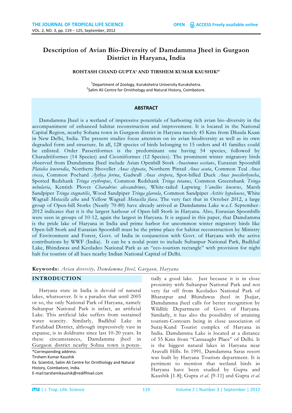 Description of Avian Bio-Diversity of Damdamma Jheel in Gurgaon District in Haryana, India