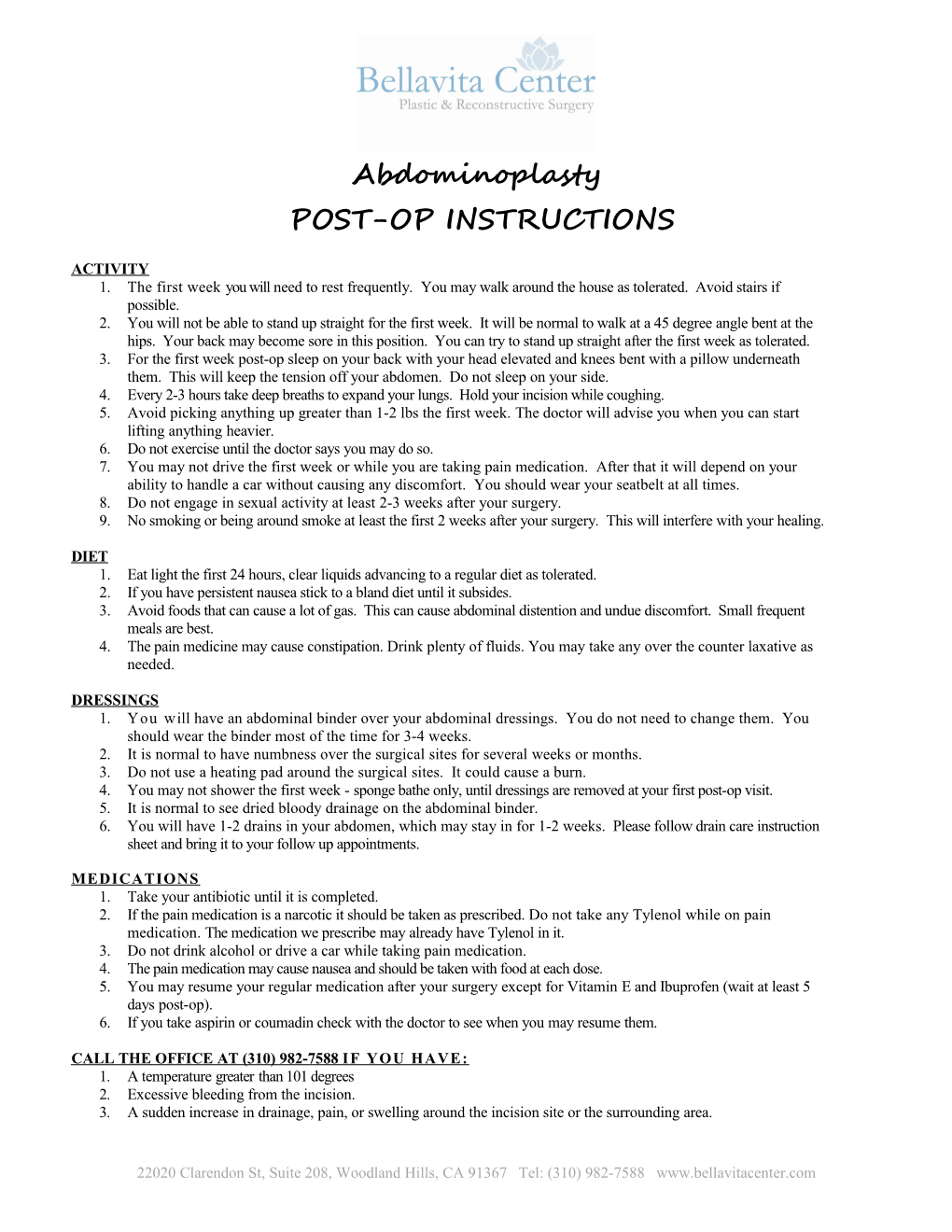 Abdominoplasty POST-OP INSTRUCTIONS