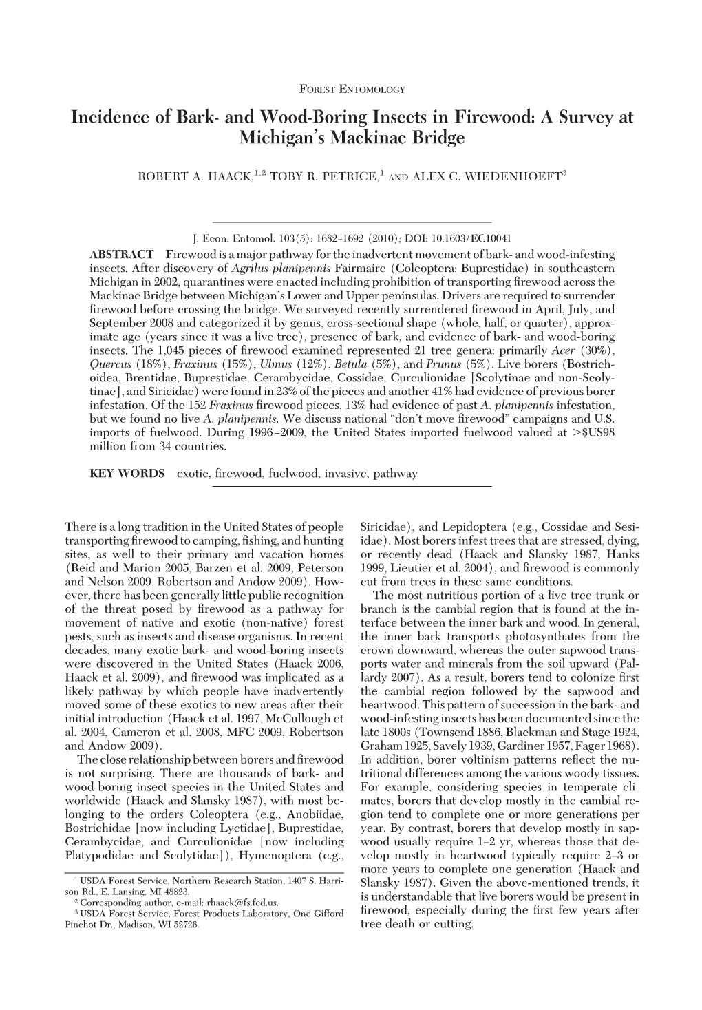 Incidence of Bark- and Wood-Boring Insects in Firewood: a Survey at Michigan’S Mackinac Bridge