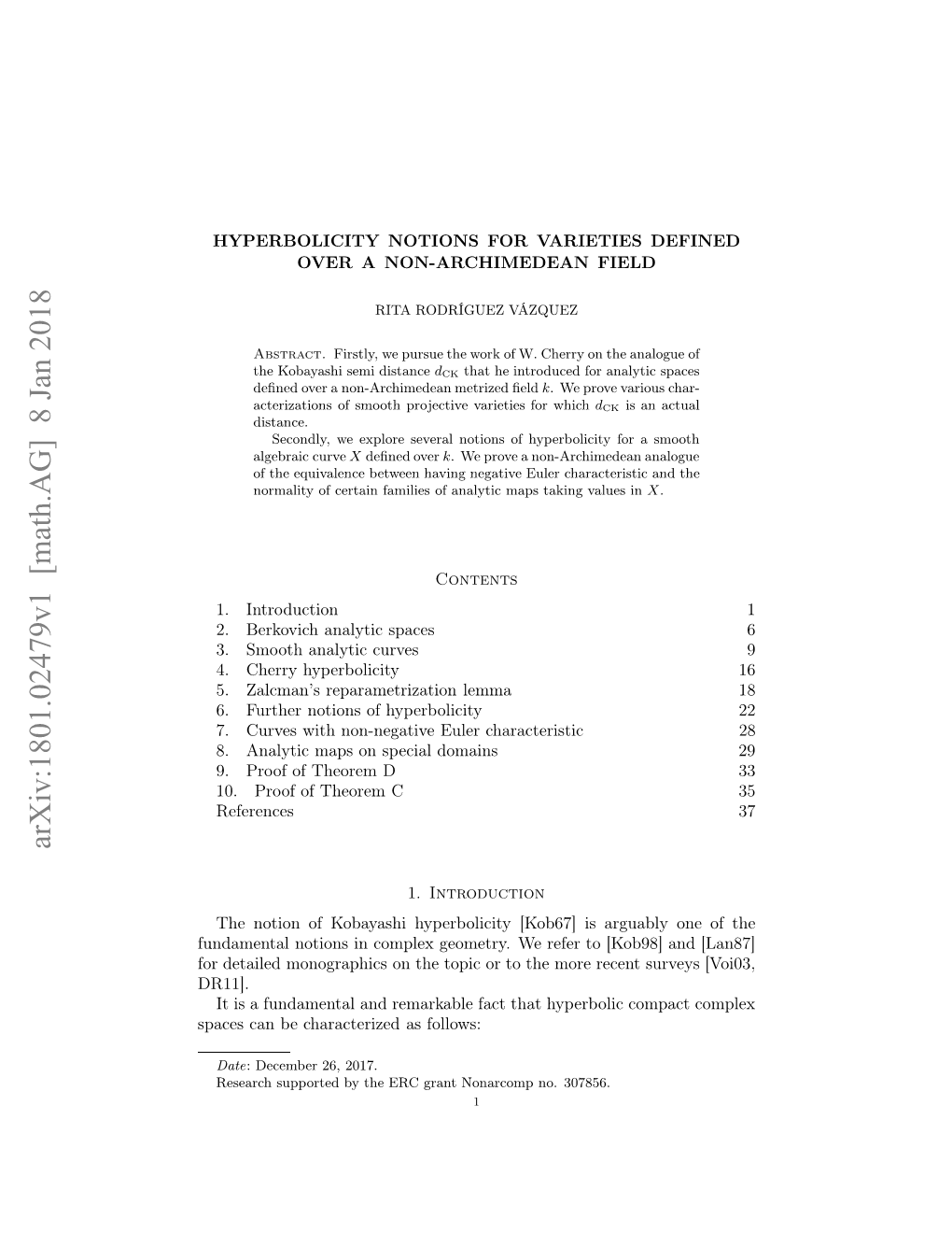 Arxiv:1801.02479V1 [Math.AG] 8 Jan 2018 O Ealdmngahc Ntetpco Otemr Eets Recent More the to Or Topic [Kob98 the DR11]