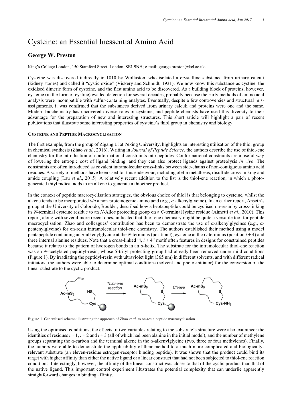 Cysteine: an Essential Inessential Amino Acid, Jan 2017 1