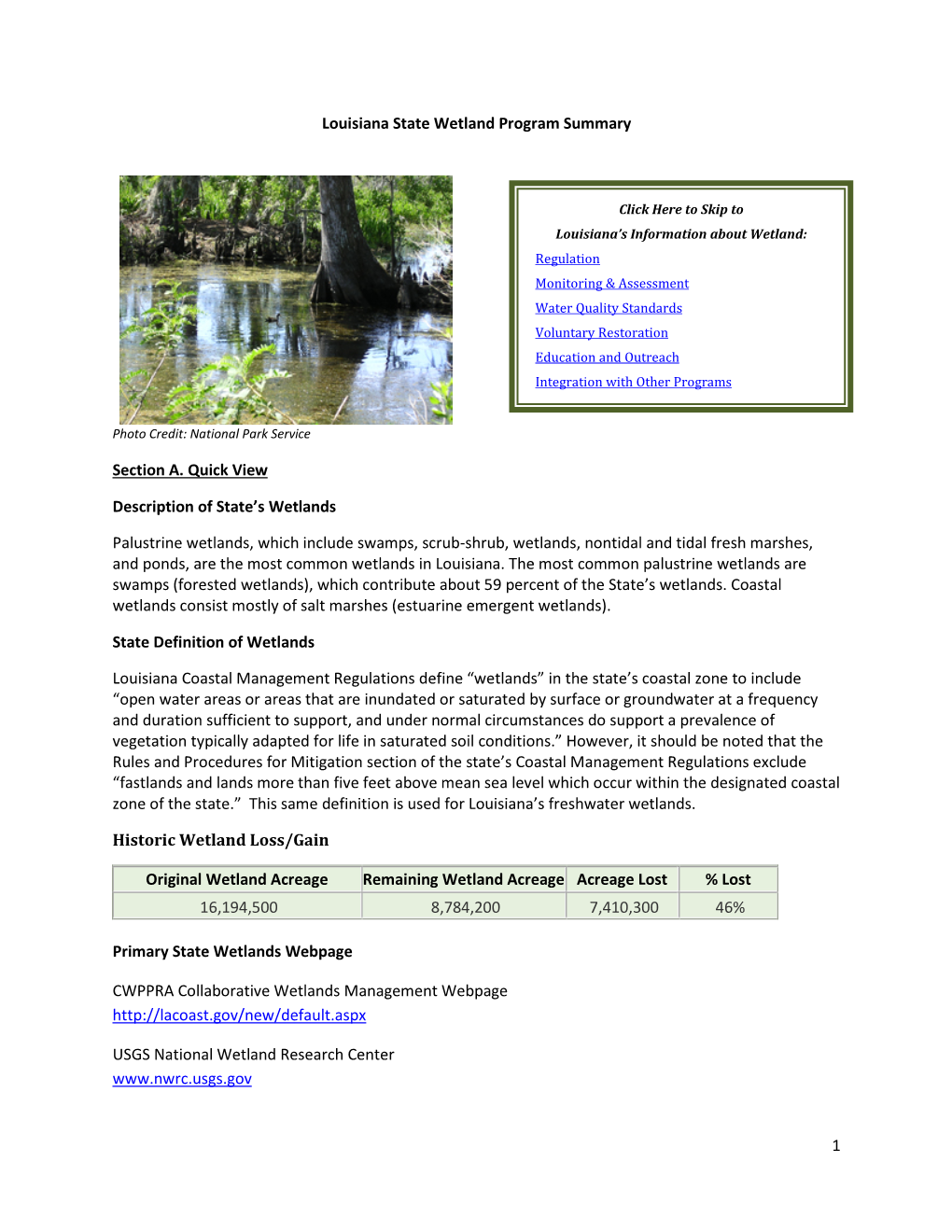 1 Louisiana State Wetland Program Summary Section A. Quick View
