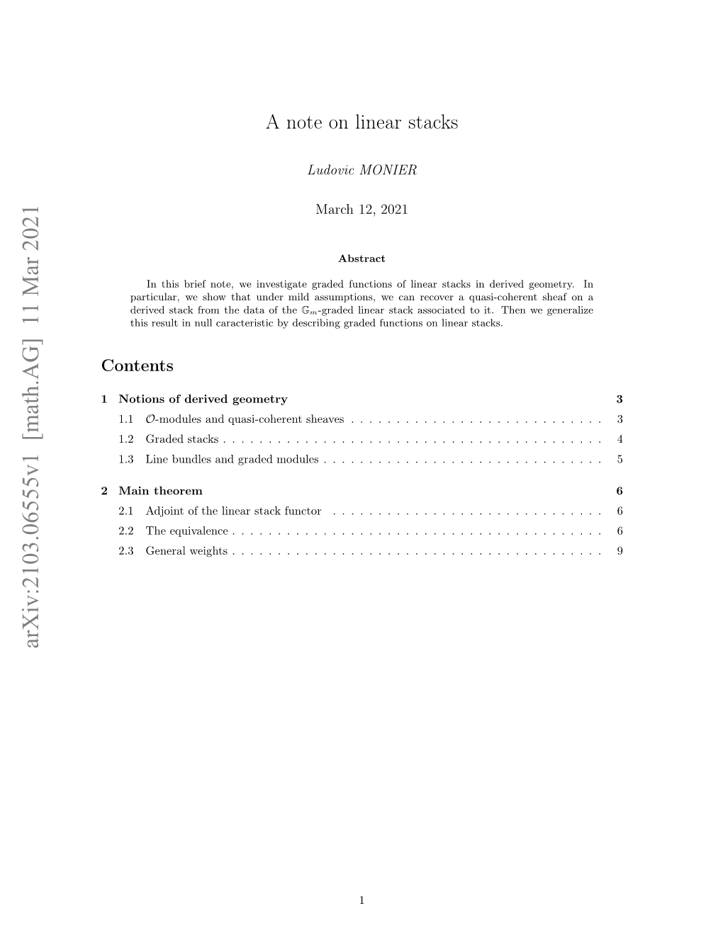 Arxiv:2103.06555V1 [Math.AG] 11 Mar 2021 Oin Fdrvdgeometry Derived of Notions 1 Contents Antheorem Main 2 1.1