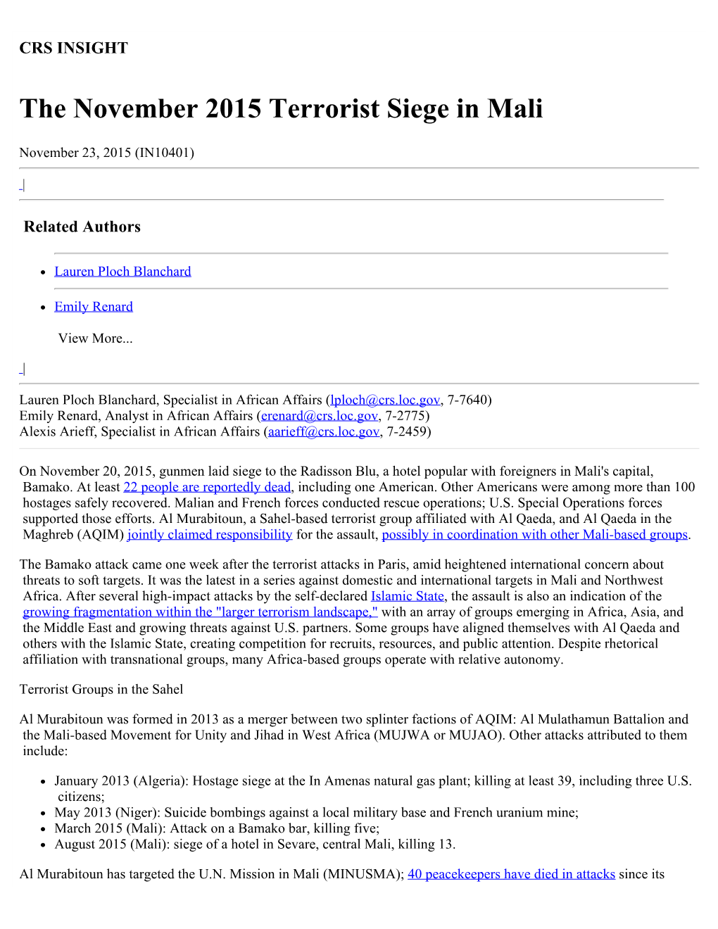 The November 2015 Terrorist Siege in Mali