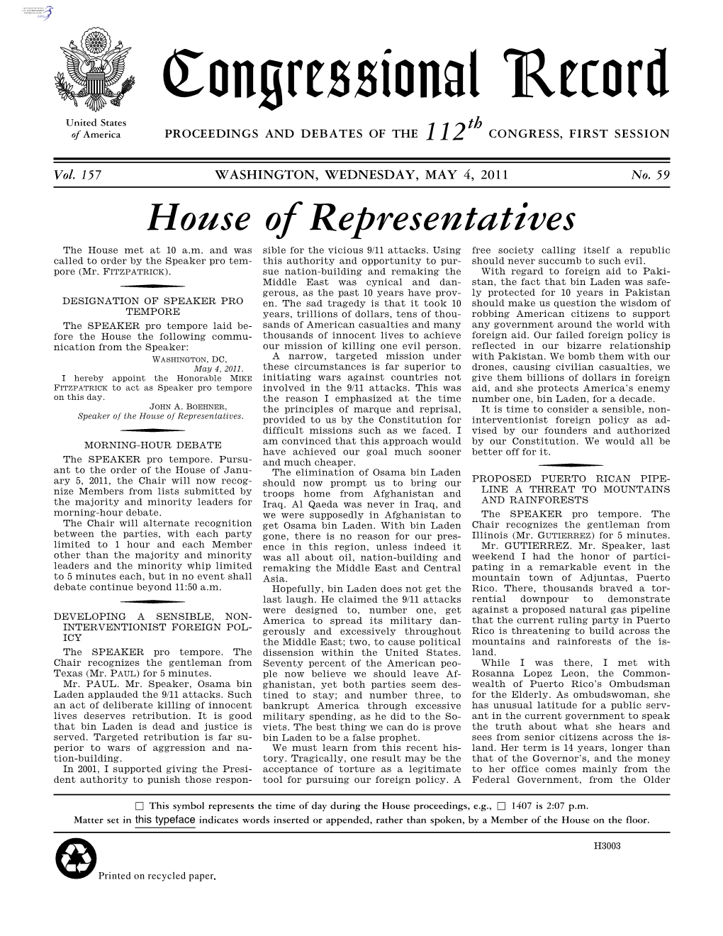 Congressional Record United States Th of America PROCEEDINGS and DEBATES of the 112 CONGRESS, FIRST SESSION