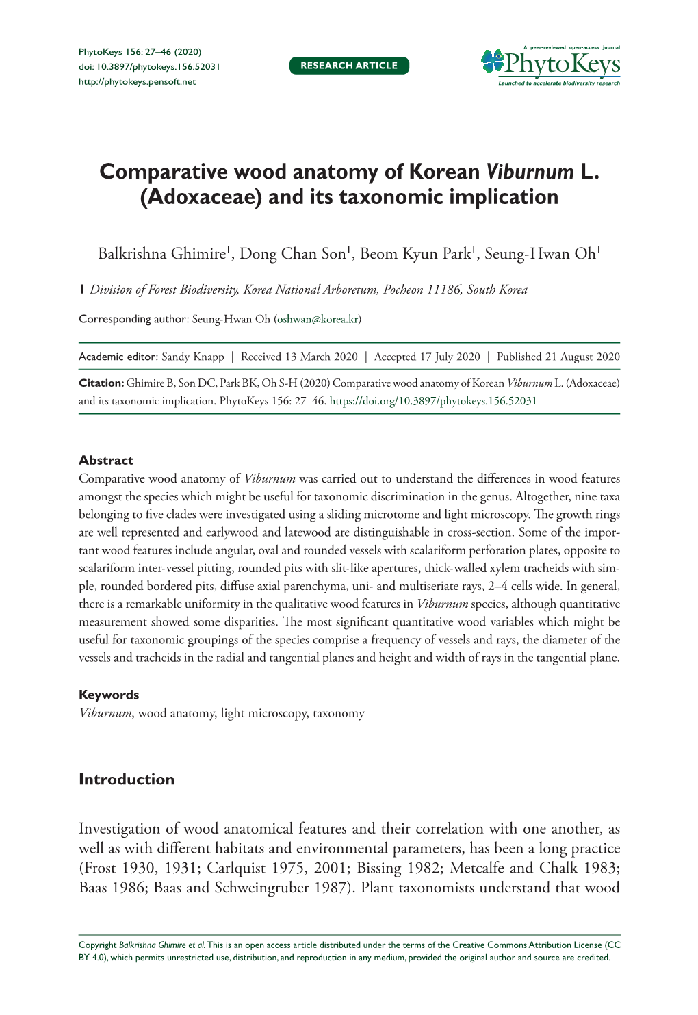 Comparative Wood Anatomy of Korean Viburnuml.(Adoxaceae) and Its