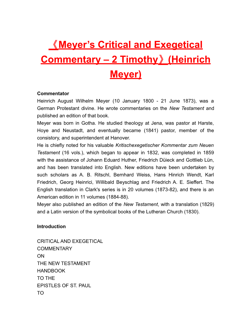 Meyer S Critical and Exegetical Commentary 2 Timothy (Heinrich Meyer)