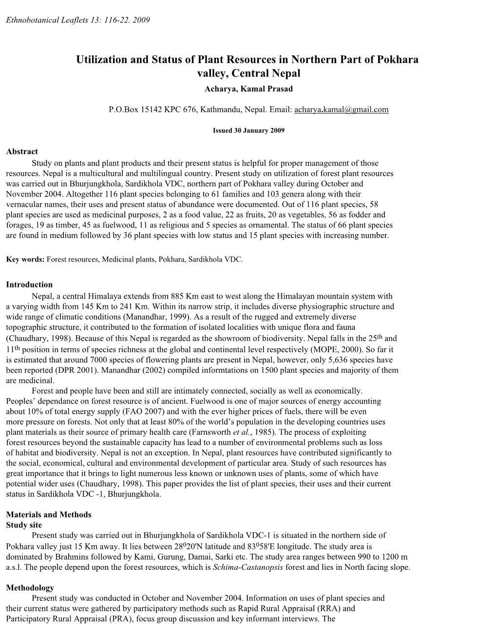 Utilization and Status of Plant Resources in Northern Part of Pokhara Valley, Central Nepal