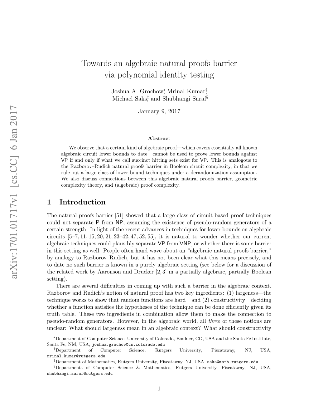 Towards an Algebraic Natural Proofs Barrier Via Polynomial Identity Testing