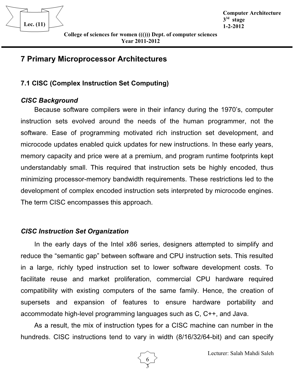 7.1 CISC (Complex Instruction Set Computing)