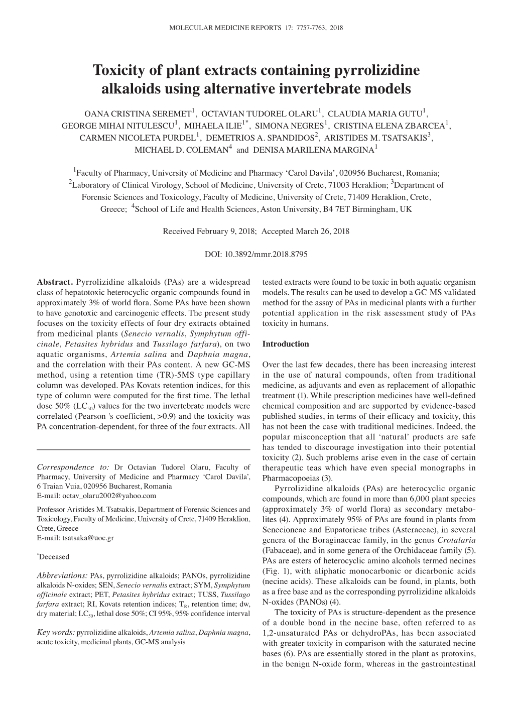 Toxicity of Plant Extracts Containing Pyrrolizidine Alkaloids Using Alternative Invertebrate Models