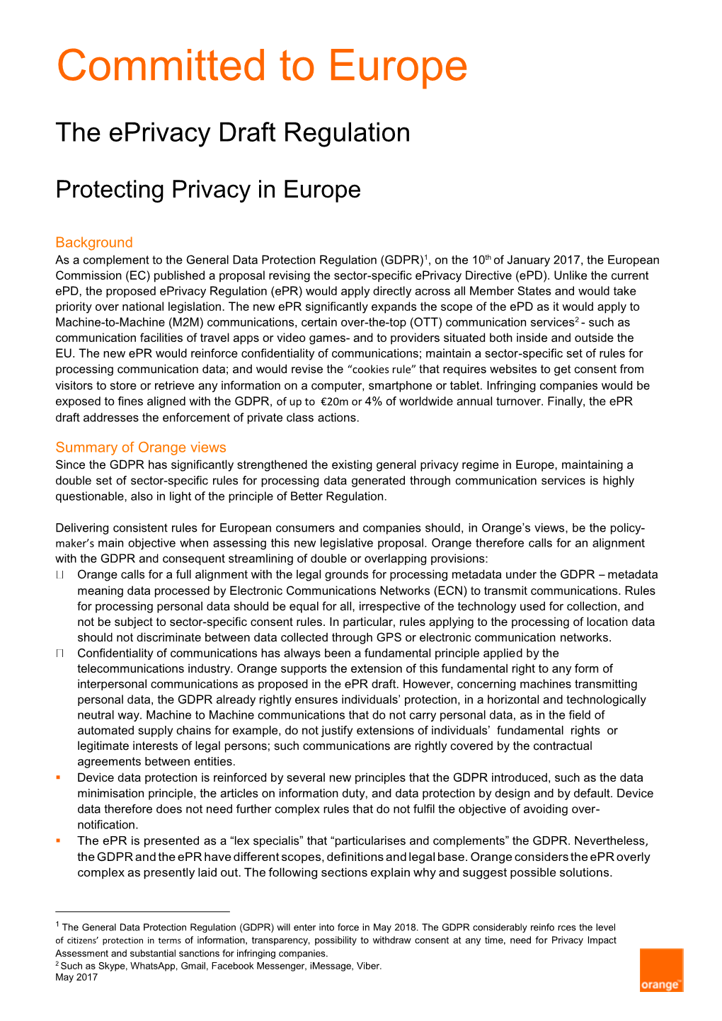 Orange Views on the Eprivacy Regulation