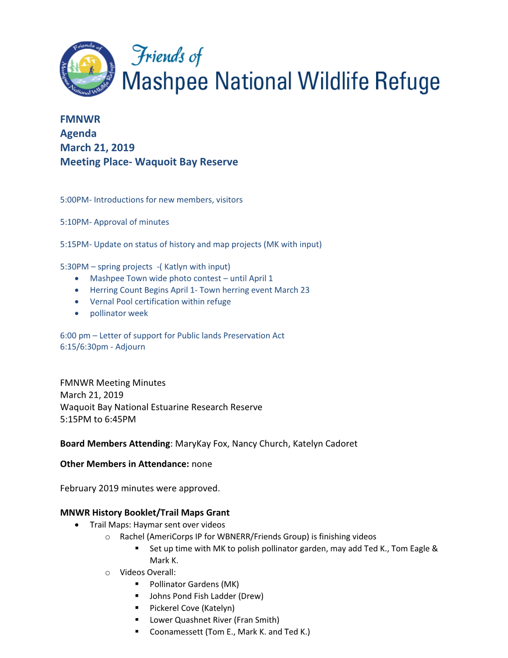 FMNWR Agenda March 21, 2019 Meeting Place- Waquoit Bay Reserve